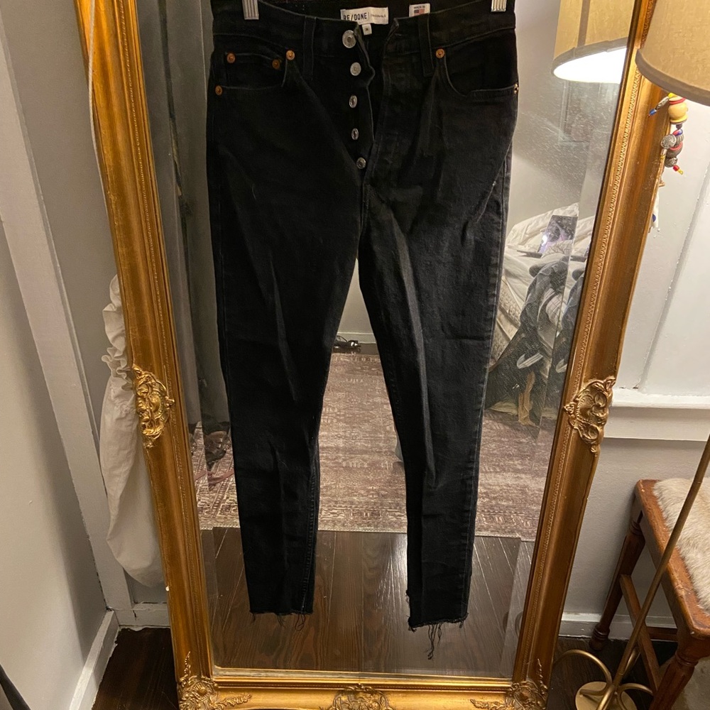 Re/Done Button Fly Ankle Crop Black High Rise Jeans